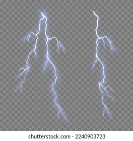 Una tormenta de truenos relámpago realista. Provoca electricidad y estrellas. Símbolo de fuerza natural o magia, abstracto, electricidad y explosión. El efecto luminoso y la iluminación. Explosión brillante azul brillante. Vector