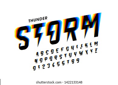 Thunder Storm Style Font Design, Alphabet Letters And Numbers Vector Illustration