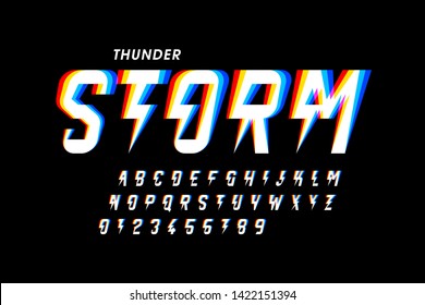 Thunder storm style font design, alphabet letters and numbers vector illustration
