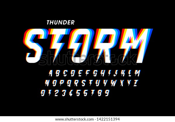 Thunder Stormスタイルのフォントデザイン アルファベットの文字と数字のベクターイラスト のベクター画像素材 ロイヤリティフリー