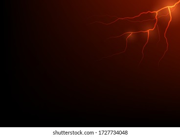 Thunder storm vector realistic lightning thunderbolt in red or orange tone on black background, Magic and bright electricity effects. Business barrier and problem concept, shock situation.