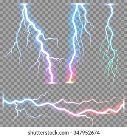 Thunder storm vector realistic lightnings thunderbolt on transparent background. Set of the isolated realistic bolt lightnings with transparency. Electricity lighting effects.