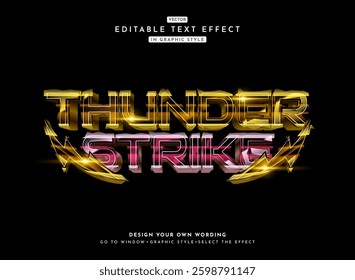 thunder strike modern neon electric glow shiny 3d text effect template with yellow sparkle bolt