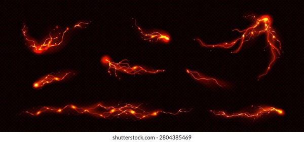 Thunder strikes with red lightning bolts and electric energy effects on transparent background. Powerful vector storm flashes, dramatic glowing border elements for dynamic power design