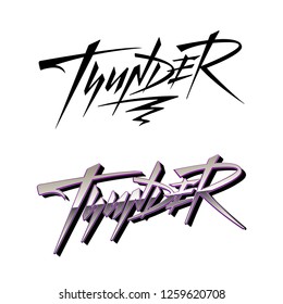 Thunder synthwave vaporwave vector logo set. Retrofuturistic modern style hand written calligraphy signs. Geometric stylish poster print design elements. Illustration isolated on white background