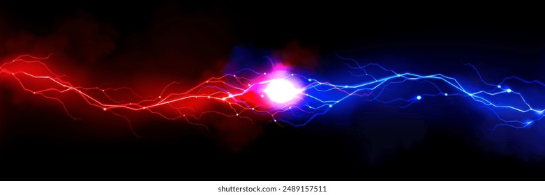 Thunder vs light effect background. Bolt energy collision in blue and red. Lightning shock and magic storm versus concept. Particle explosion for battle design. Abstract confrontation discharge