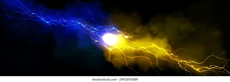 Trueno vs fondo de efecto de luz. Perno de colisión de energía en azul y amarillo. Shock relámpago y tormenta mágica contra concepto. Explosión de partículas para diseño de batalla. descarga de confrontación Abstractas