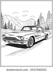 Thunderbird Car in front of road Coloring page, Car Coloring page design, outline design svg