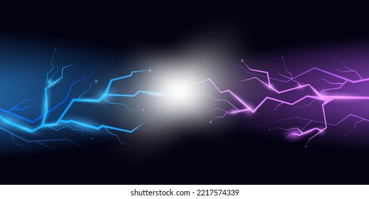 Thunderbolt background. Blue lightning effect, flash electric energy. Versus concept, thunder light in storm. Charge power racy vector banner, electricity design