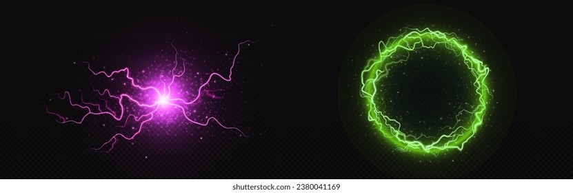 Donnerbolzen Kugel und Kreis mit Neonleuchten und Blitzen. Realistische Vektorgrafik-Set von magischer Power-Kugel mit Blitzschlag und Sturmeinschlag. Elektrische Explosion und Donner-Licht.