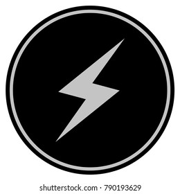 Thunderbolt black coin icon. Vector style is a flat coin symbol using black and light gray colors.