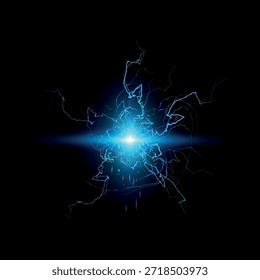 Thunderbolt blue fireball lightning effect on black background. Energy glowing ball with bolt beams, power charge flash, magic burst. Realistic vector electric explosion spark. Electricity blast storm
