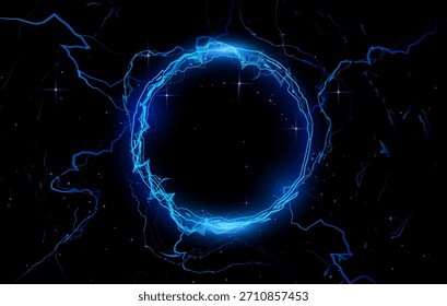 Thunderbolt blue lightning round effect with glowing and shining vector on black background. Realistic ring blast storm. Circle bolt voltage with sparkles. Electric energy burst beams, power charge