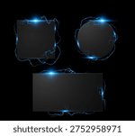 Thunderbolt blue lightning spark effect frame with sparkles around black plates vector set. Bolt voltage rectangle and round borders. Energy glowing beam, power charge. Realistic electric burst rays