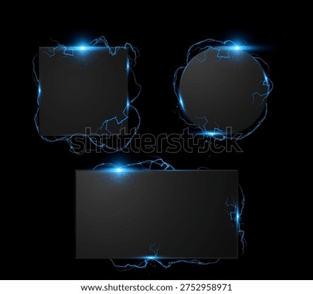 Thunderbolt blue lightning spark effect frame with sparkles around black plates vector set. Bolt voltage rectangle and round borders. Energy glowing beam, power charge. Realistic electric burst rays