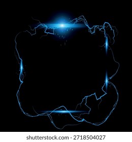 Efecto cuadrado de chispa de relámpago azul Thunderbolt en negro. Borde de voltaje del perno. Marco de Vector de viga brillante de energía con destellos. Brillante Recargo de energía, rayos mágicos. Tormenta eléctrica realista