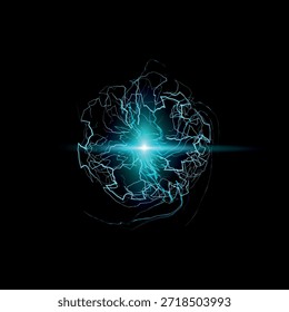 Thunderbolt blue sphere lightning spark effect on black background. Energy glowing fireball with bolt beams, power charge flash, magic burst. Realistic vector explosion spark. Electricity blast storm