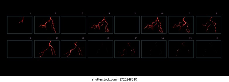 Thunderbolt burst animation, thunderbolt effect sprite sheet for games,  video or animation. Set of frames animation electricity.- Vector