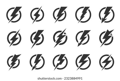 Thunderbolt in the circle icon set. Storm climate weather sign. Dander energy power charge symbol. Thundershock zigzag arrow. Lightning bolt flash. Thunder strike electricity black round pictogram