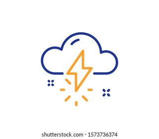 Thunderbolt with cloud sign. Thunderstorm weather line icon. Bad day symbol. Colorful outline concept. Blue and orange thin line thunderstorm weather icon. Vector