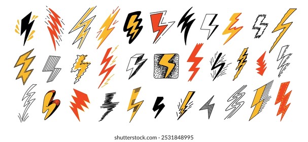 Thunderbolt doodle icons. Hand drawn lightning strike sketch, cute electricity energy retro symbols, quirky hand drawn electric shock signs. Vector isolated set.