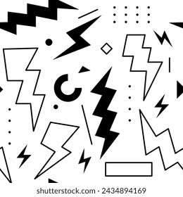 Thunderbolt Doodle Seamless Pattern. Vector Lightning Hand Drawn Isolated on White Background. use for Wrapping Paper, Textile, Fabric Etc