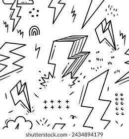 Thunderbolt Doodle Seamless Pattern. Vector Lightning Hand Drawn Isolated on White Background. use for Wrapping Paper, Textile, Fabric Etc