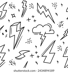 Thunderbolt Doodle Seamless Pattern. Vector Lightning Hand Drawn Isolated on White Background. use for Wrapping Paper, Textile, Fabric Etc