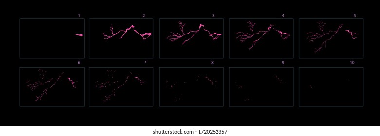 Blitzschlag-Effekt-Blitzanimation, Dehneneffekt-Sprite-Blatt für Spiele, Videos oder Animationen. Set aus Rahmen Animation Strom.- Vektorgrafik