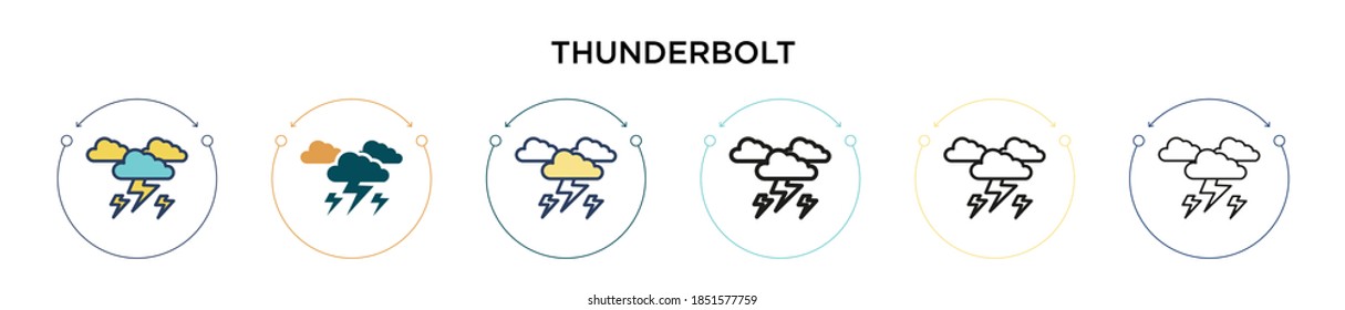 Thunderbolt icon in filled, thin line, outline and stroke style. Vector illustration of two colored and black thunderbolt vector icons designs can be used for mobile, ui, web