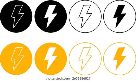 Thunderbolt icon set. Lightning bolt icons. Electric power symbol. Power energy signs. depicting thunderbolt symbols. weather and energy designs