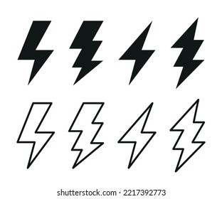 Thunderbolt Icons Set In Flat Style Vector Illustration. Lighting Flash, Bolt, Weather, Battery Symbols
