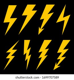 Thunderbolt Lighting Flash  Set.  Flat Style Electric thunderbolt symbol.  Thunderstorm.