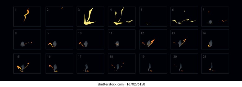 Thunderbolt lightning animation effect. Thunderbolt fire effect animation frames sprite sheet for game animation. Electricity thunderbolt danger, light electric powerful thunder bolt. – Vector  