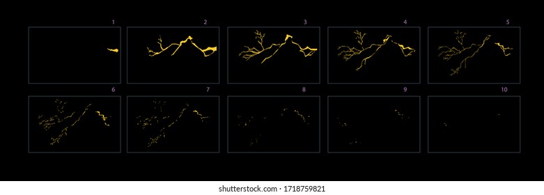 Thunderbolt Lightning animation, thunderbolt effect sprite sheet for games or video. Frames animation electricity thunderbolt danger.- Vector