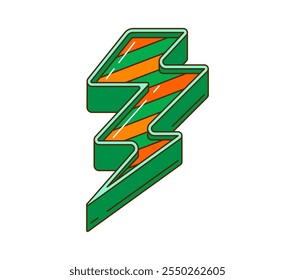 Relámpago Thunderbolt, objeto de vacaciones de día de San Patricio de dibujos animados retro groovy. Flash hippie verde Vector aislado, forma de perno en zigzag eléctrico, decorado con patrón de rayas naranjas, en estilo de Irlanda