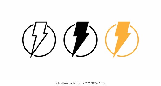 Thunderbolt and lightning icon set in line, solid, and color styles. Power, electricity, energy, and flash symbol vector for danger, fast service, or gaming design