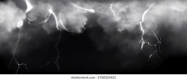 Thunderbolt and lightning strike through stormy dark clouds, realistic vector background. Atmospheric banner with dramatic powerful bolts glowing in the night sky, bad weather illustration, hurricane