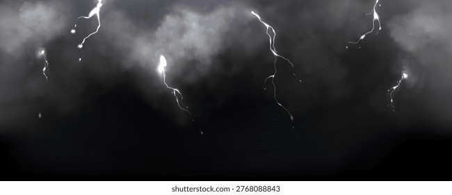 Thunderbolt and lightning strike through stormy dark clouds, realistic vector background. Atmospheric banner with dramatic powerful bolts glowing in the night sky, bad weather illustration, hurricane