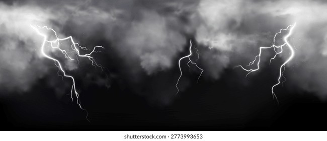 Thunderbolt and lightning strike through stormy dark clouds, realistic vector background. Atmospheric banner with dramatic powerful bolts glowing in the night sky, bad weather illustration, hurricane