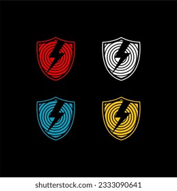 Thunderbolt logo design with shield with four color options. Can be used for cyber security applications.