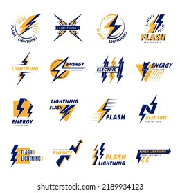 Thunderbolt logo. Power badges with force thunderbolts symbols recent vector electricity danger icons with text