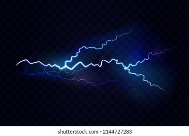 Thunderbolt neon lightning effect, realistic dangerous and powerful flash at dark night sky. Vector illustration of thunderstorm, stormy weather condition, electric blue blaze bolt