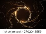 Thunderbolt orange lightning round effect with glowing and shining vector on black background. Circle bolt voltage with sparkles. Electric energy burst beams, power charge. Realistic ring blast storm