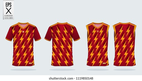 Thunderbolt pattern t-shirt sport design template for soccer jersey, football kit and tank top for basketball jersey. Sport uniform in front and back view. Tshirt mock up for sport club. Vector