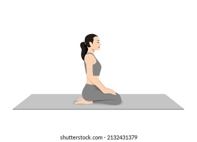 Thunderbolt Pose, Adamantine Pose, Diamond Pose. Beautiful girl practice Vajrasana. Young attractive woman practicing yoga exercise. working out, black wearing sportswear, grey pants and top, indoor