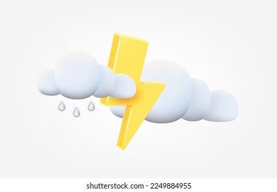 Thunderbolt with rain clouds weather concept. Forecast 3d vector illustration isolated on white background
