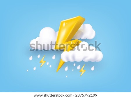 Thunderbolt with rain clouds weather concept. Forecast 3d vector illustration isolated on white background