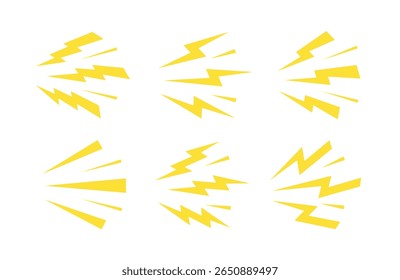 Thunderbolt shock cartoon icons. Yellow lightning burst, shouting, noise and loud sound symbols. Energetic comic electric flashes for action, power, speed, and danger effects. Isolated vector set.
