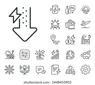 Thunderbolt sign. Energy, Co2 exhaust and solar panel outline icons. Energy line icon. Power consumption symbol. Energy drops line sign. Eco electric or wind power icon. Green planet. Vector